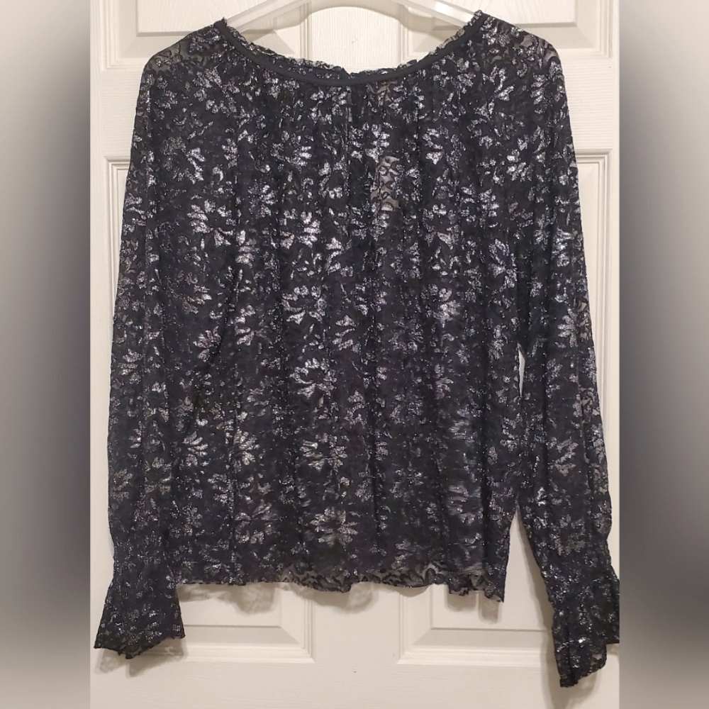 NWT C. EST. 1946 Plus Black and Silver Sheer Lace Blouse. Size 16-18 W